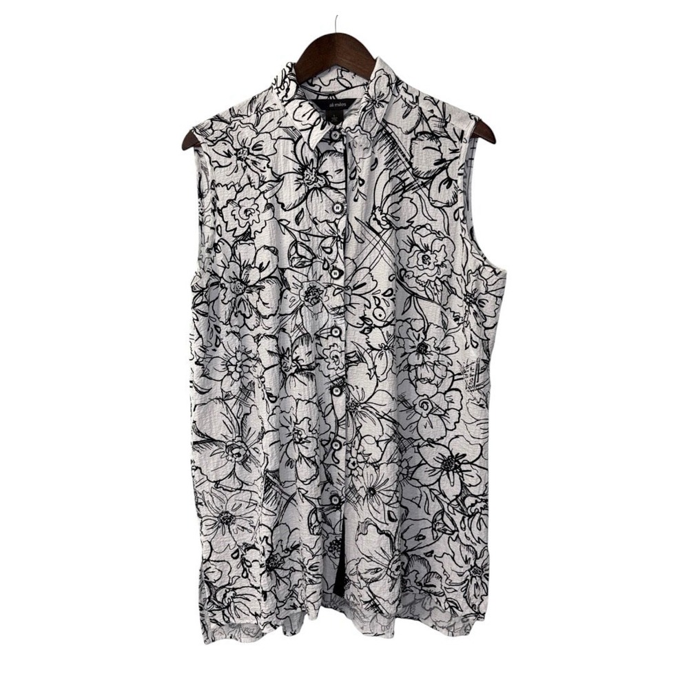 Ali Miles sleeveless blouse women's large white black floral lagenlook art boho